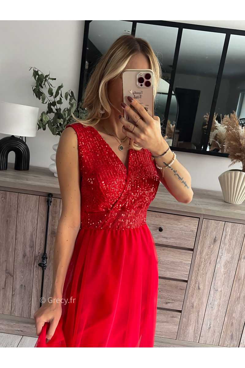 robe longue sequins rouge voile noël nouvel an mode tendance grecy outfit blogueuse chic