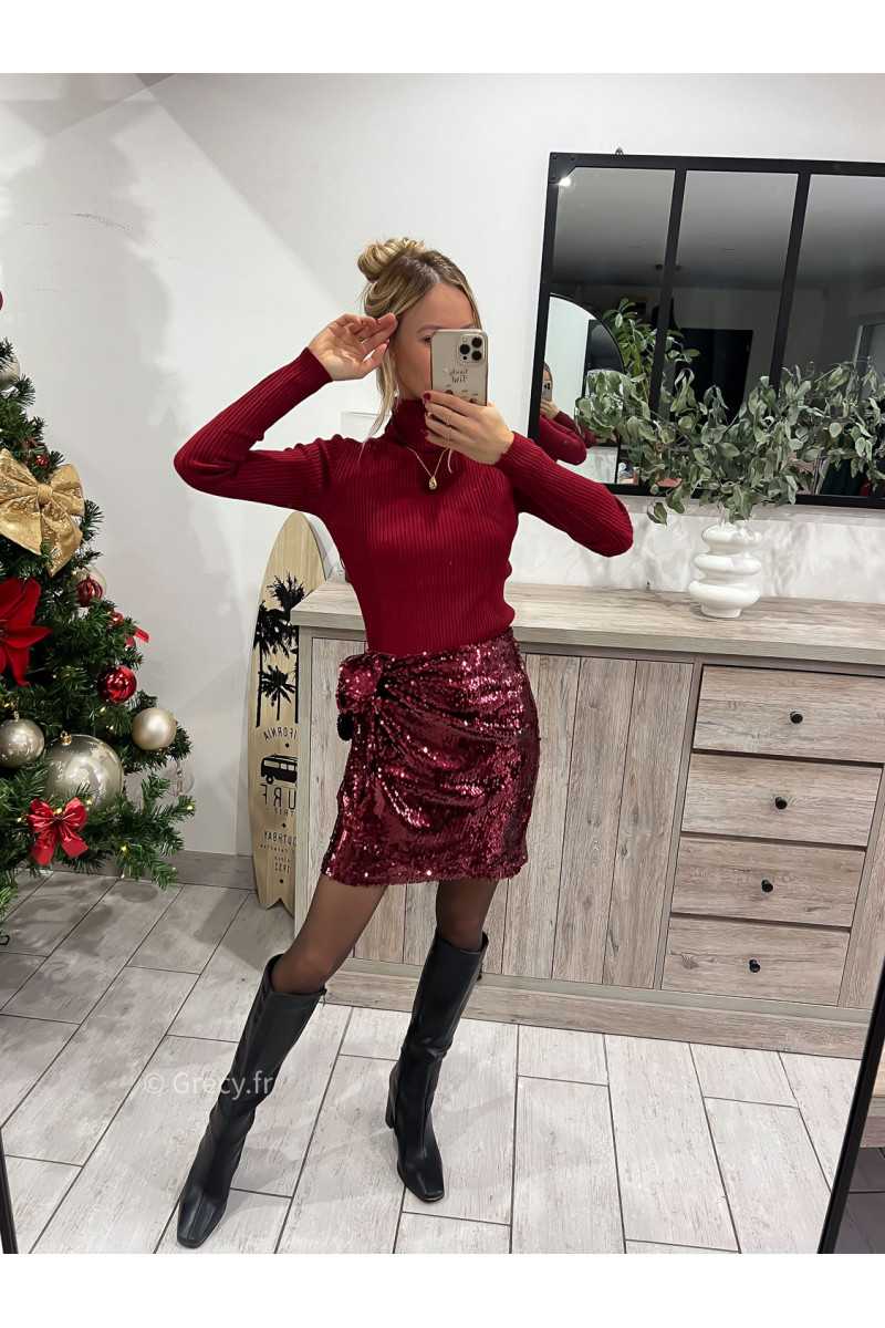 jupe short sequins rouge bordeaux mode outfit grecy zara ootd look fêtes chic strass paillettes