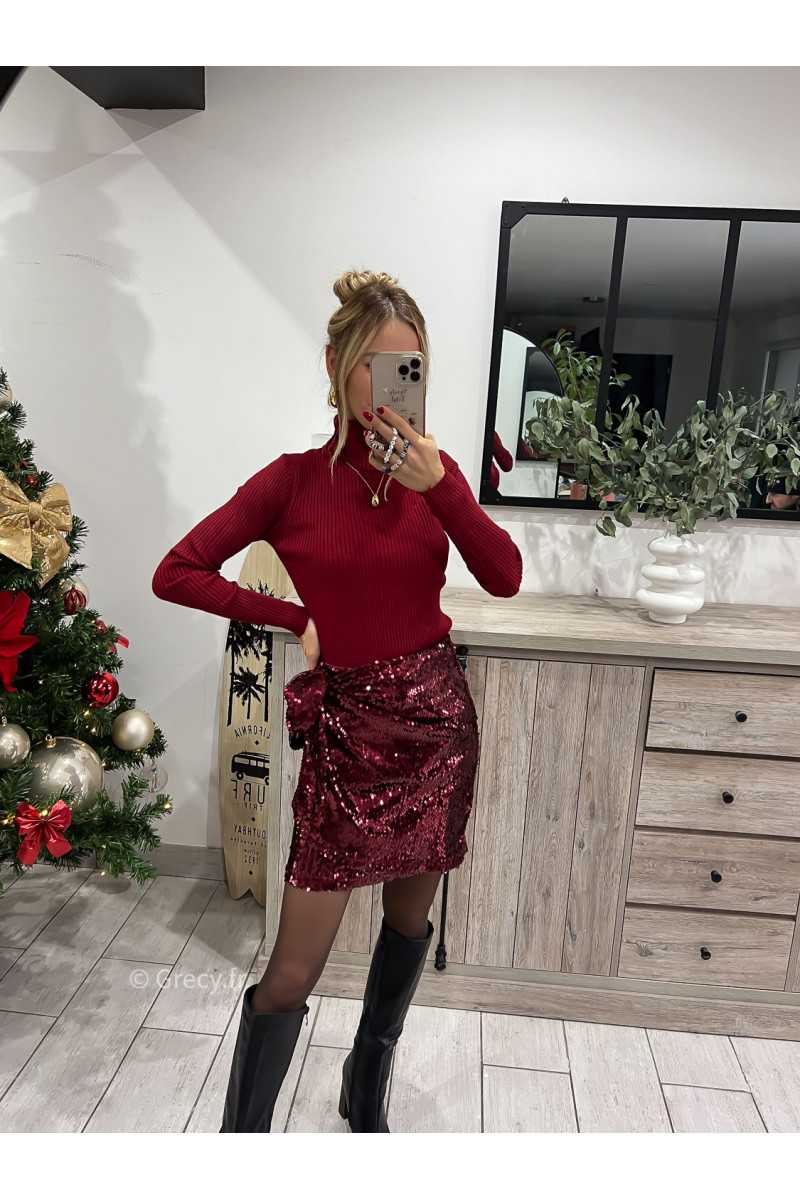 jupe short sequins rouge bordeaux mode outfit grecy zara ootd look fêtes chic strass paillettes