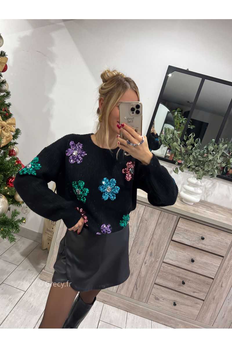 pull fleurs sequins fleuri mode outfit look grecy hiver ootd tendance