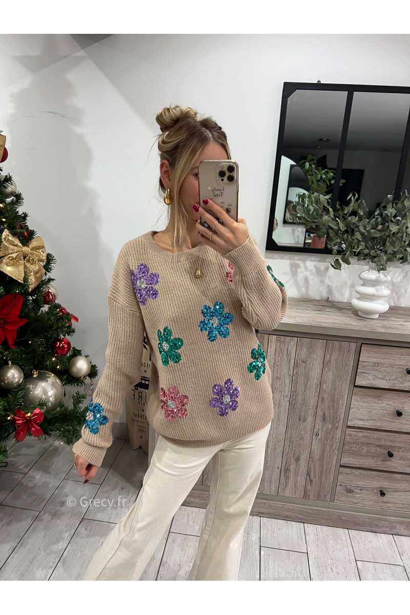 pull beige fleurs sequins fleuri mode outfit look grecy hiver ootd tendance