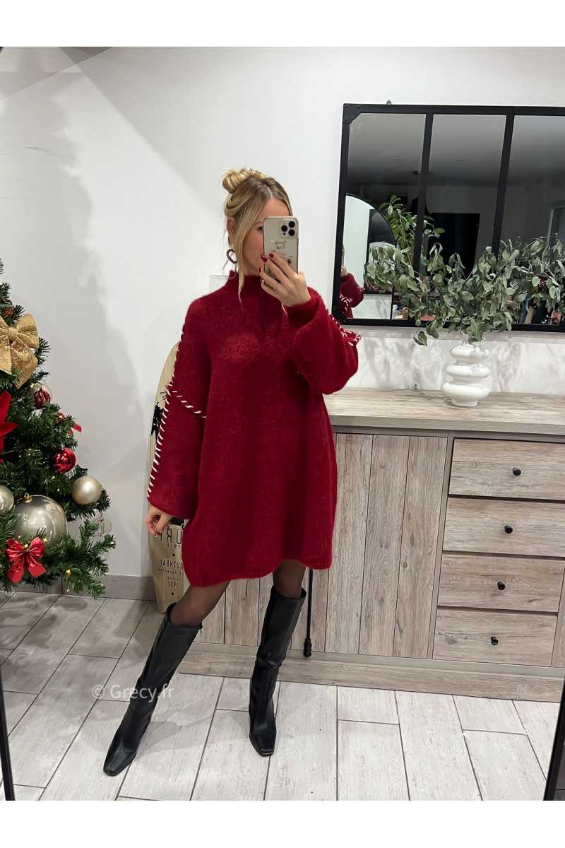 robe pull bordeaux rouge douce mode outfit look grecy hiver ootd tendance