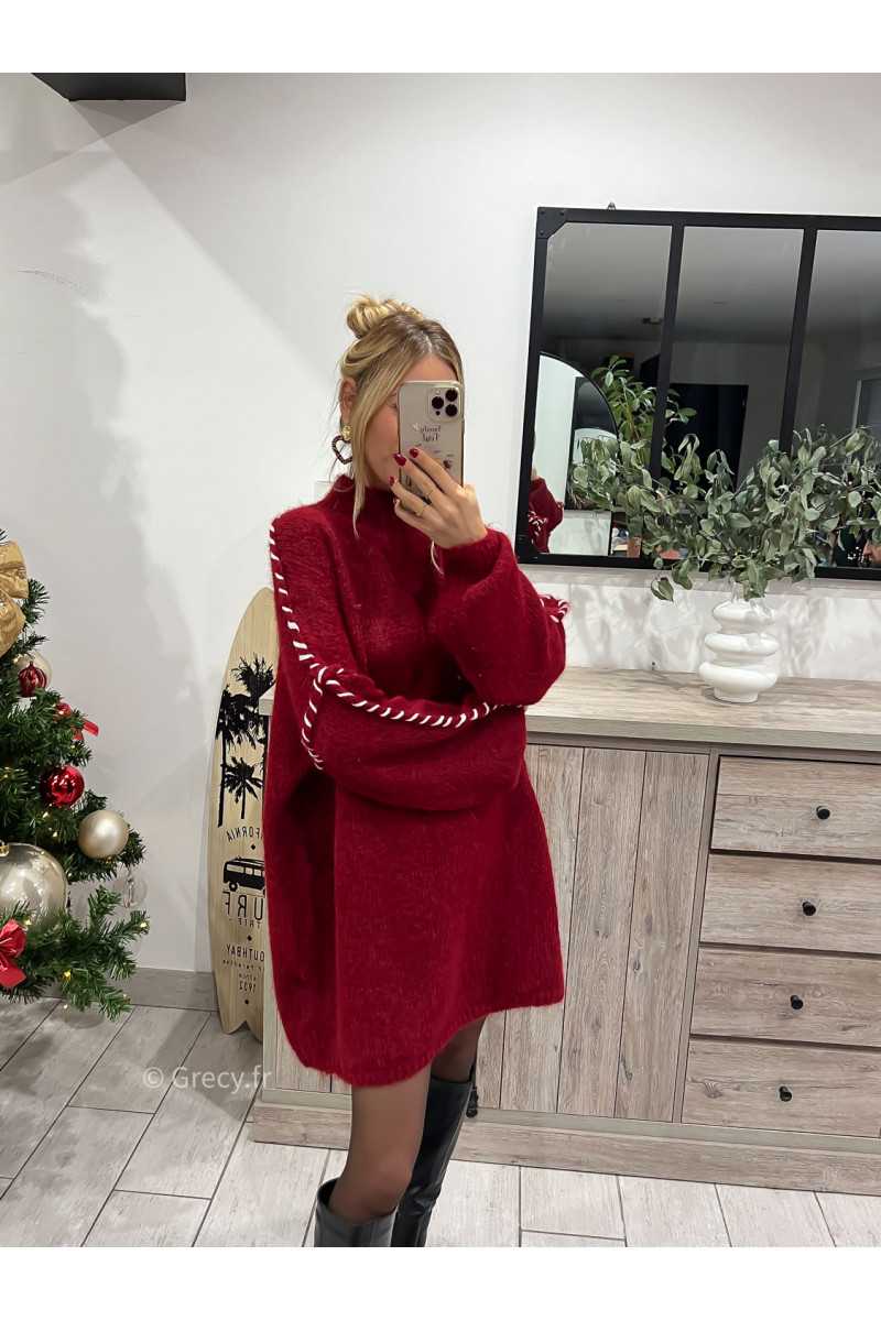 robe pull bordeaux rouge douce mode outfit look grecy hiver ootd tendance