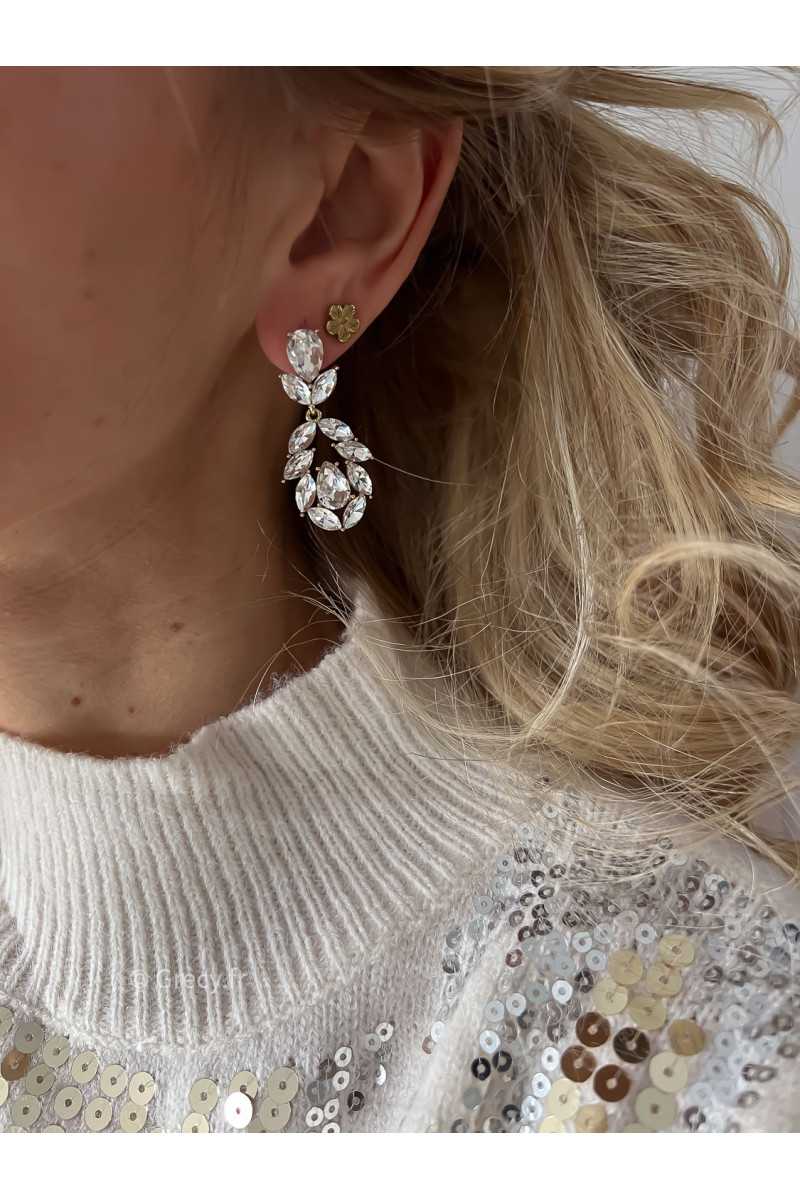 boucles oreilles strass blanc cristal cérémonie fêtes chic occasion soirée acier inoxydable