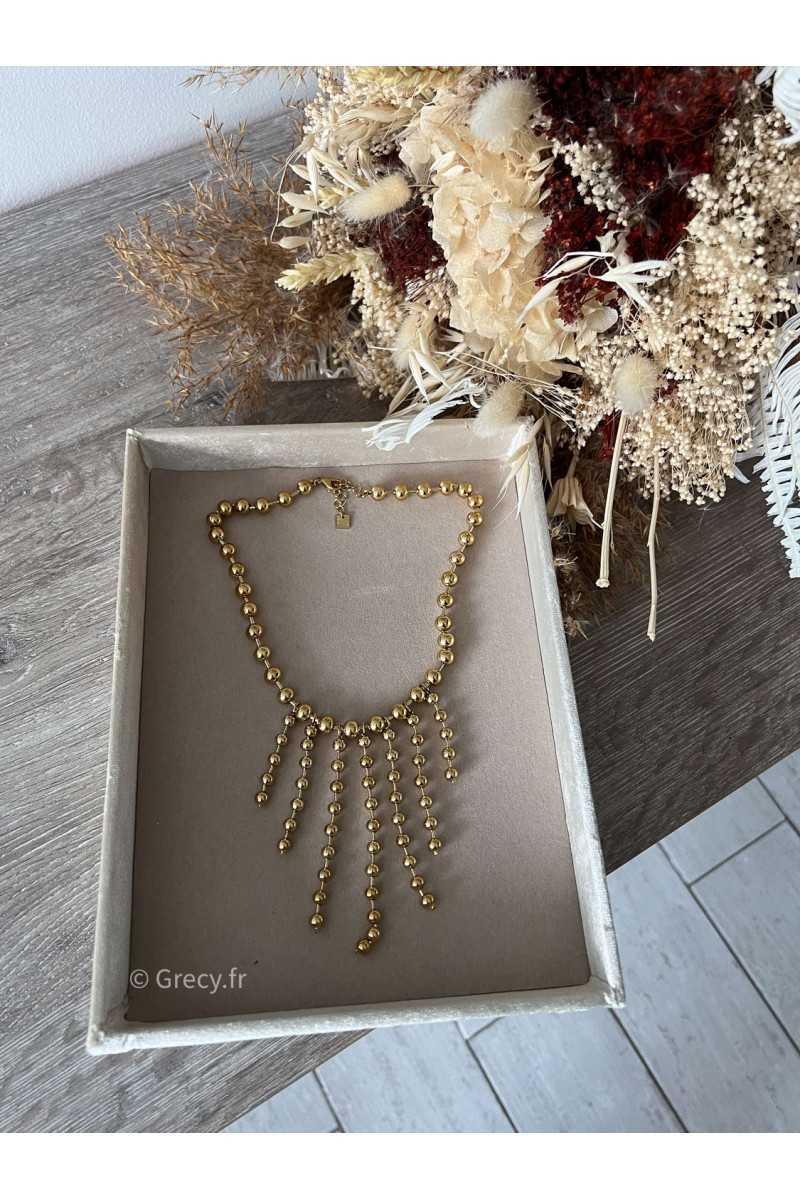collier perles dorées or occasion soirée acier inoxydable