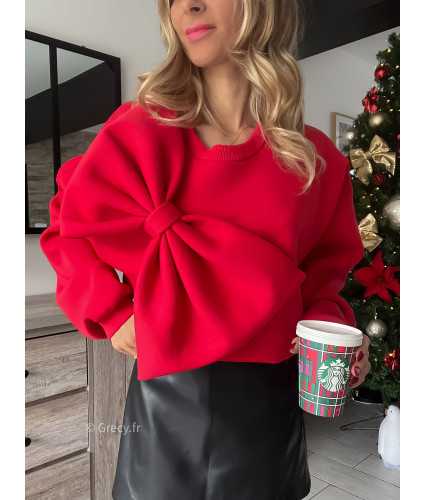 pull sweat rouge gros noeud oversize mode tendance noël hiver Grecy outfit fêtes
