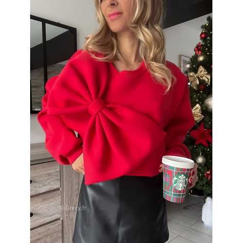 pull sweat rouge gros noeud oversize mode tendance noël hiver Grecy outfit fêtes