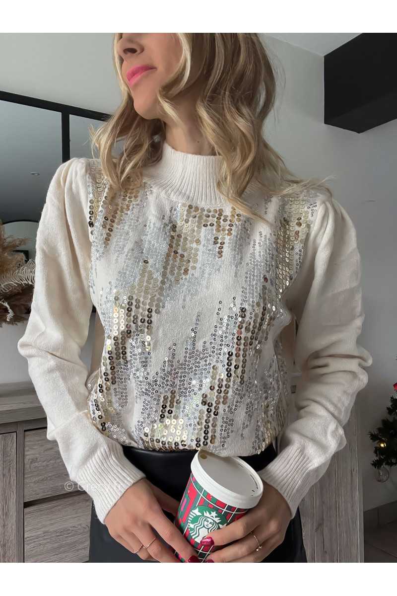 pull beige sequins col montant tendance noël hiver Grecy outfit fêtes