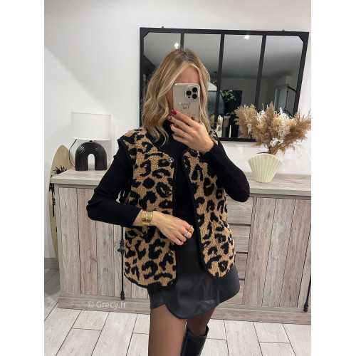 gilet sans manches veste leopard moumoute fausse fourrure chaude hiver marron grecy mode tendances ootd outfit look
