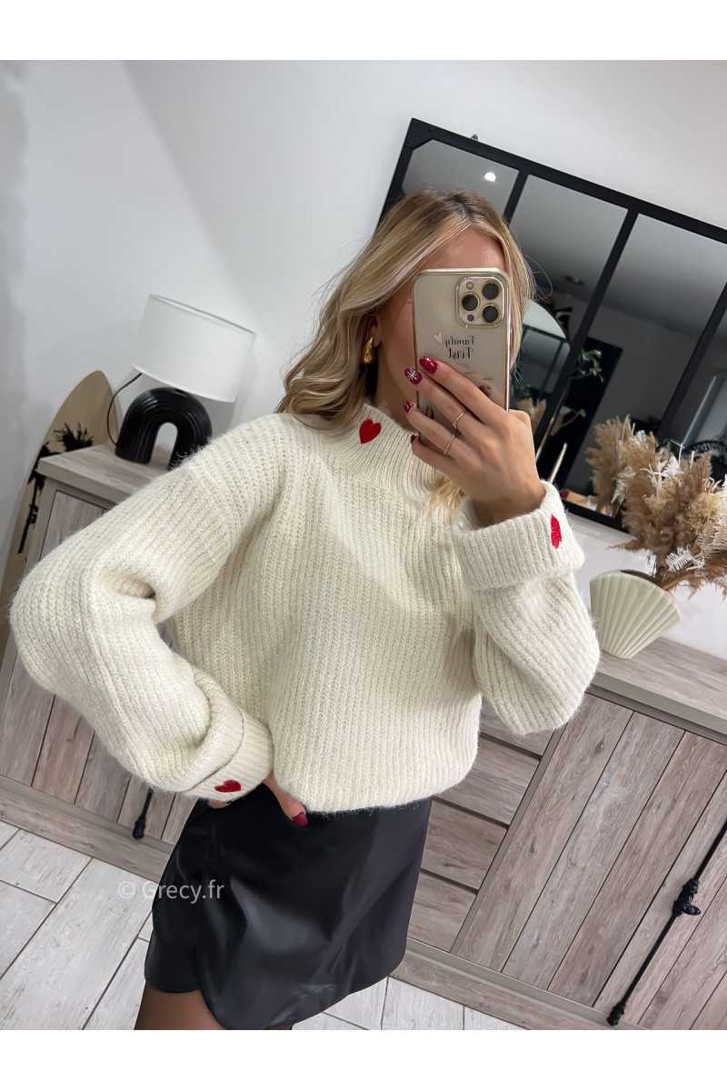 pull beige coeurs brodés rouge grecy mode tendances ootd outfit look