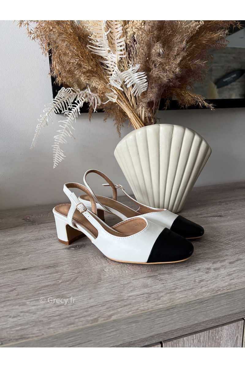 escarpins beige blanc ecru slingback bout noir bicolore 2 tons grecy mode tendances ootd outfit look Chanel Jonak