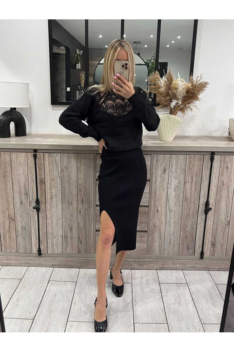 jupe en maille noire fendue longue grecy mode tendance idée de tenue outfit look