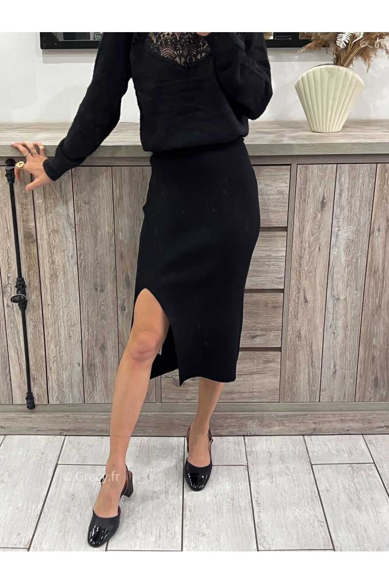 jupe en maille noire fendue longue grecy mode tendance idée de tenue outfit look