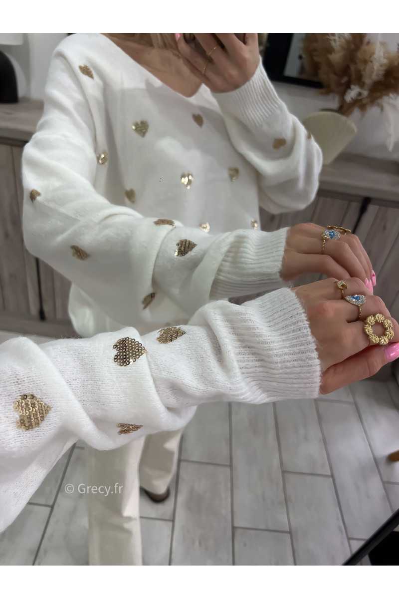pull coeurs sequins blanc doré saint Valentin maille grecy mode tendance idée de tenue outfit look