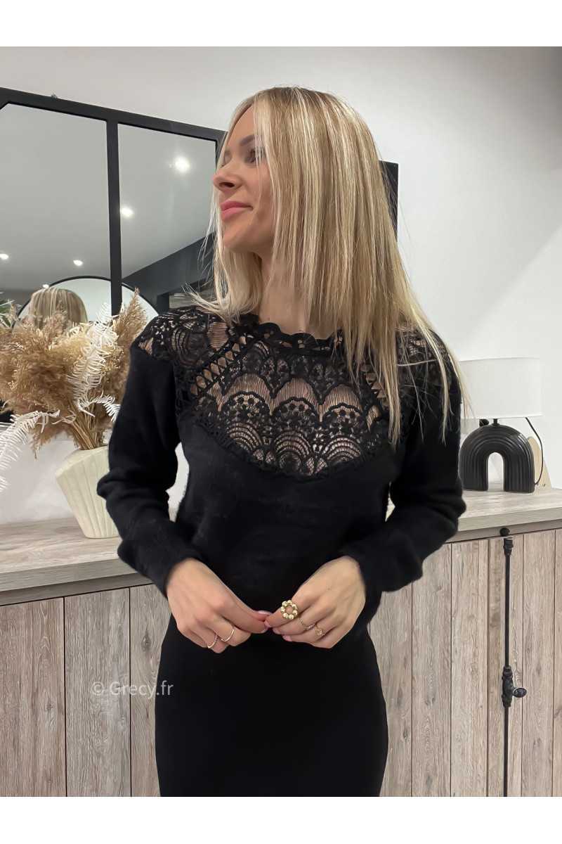 pull noir col dentelles macramé saint Valentin maille grecy mode tendance idée de tenue outfit look chic