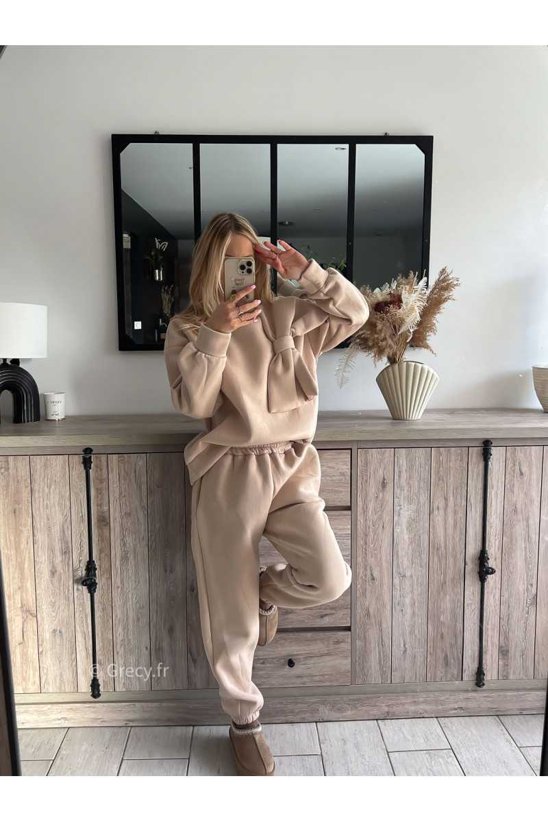 ensemble jogging sweat gros noeud beige pull mode tendance chic grecy outfit ootd