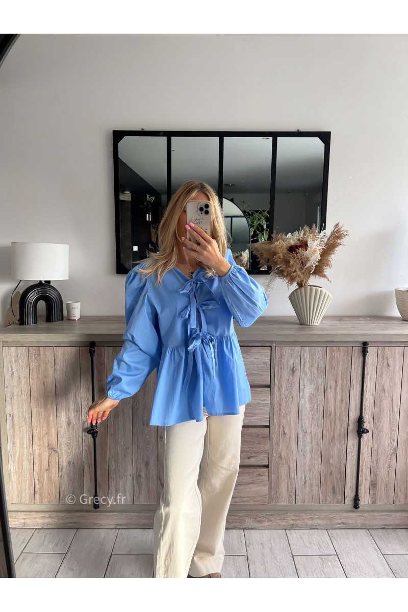 chemise blouse popeline noeuds bleu mode tendance chic grecy outfit ootd