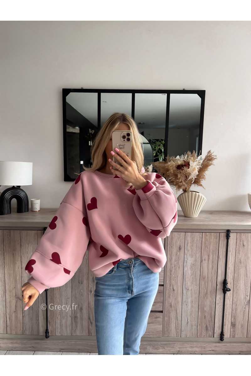 sweat pull rose coeurs rouge saint Valentin mode tendance chic grecy outfit ootd printemps