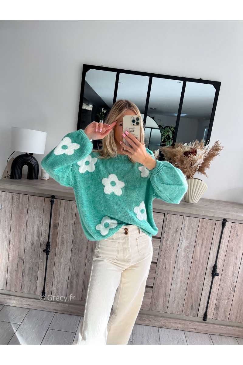 pull maille vert pastel clair fleurs fleuri mode tendance chic grecy outfit ootd printemps