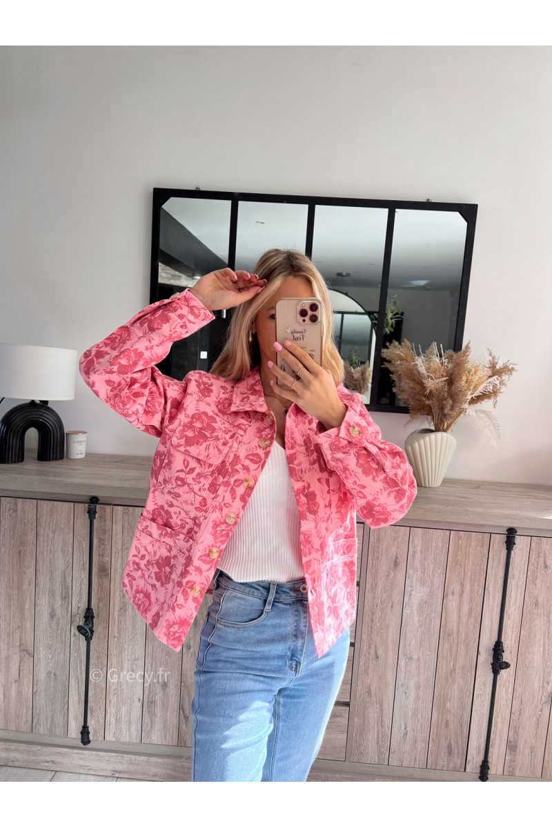Veste surchemise en jean fleurie rose matiere coton Taille S Couleur rose