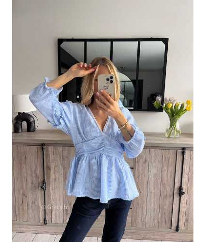 blouse vichy bleu coupe babydoll printemps été grecy mode outfit ootd look tendance