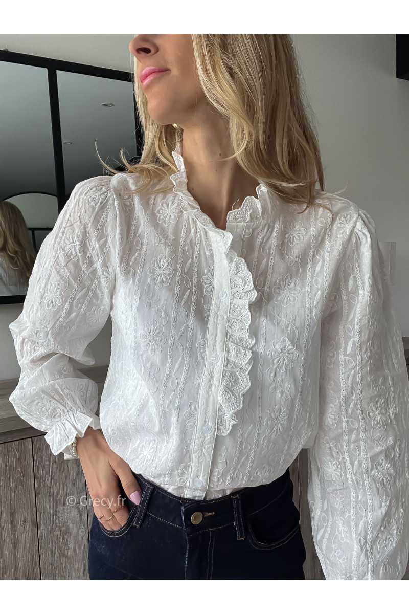 chemise blanche broderies col dentelles sezane printemps été grecy mode outfit ootd look tendance