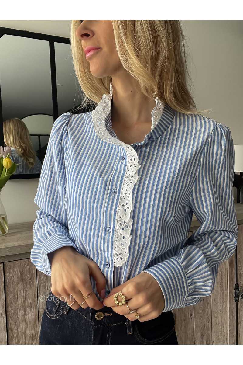 chemise rayures bleu blanche broderies col dentelles sezane printemps été grecy mode outfit ootd look tendance