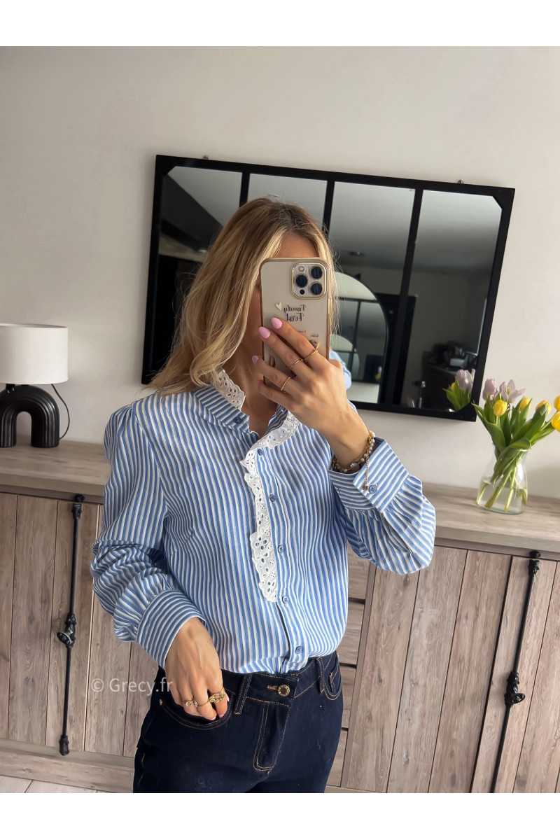 chemise rayures bleu blanche broderies col dentelles sezane printemps été grecy mode outfit ootd look tendance