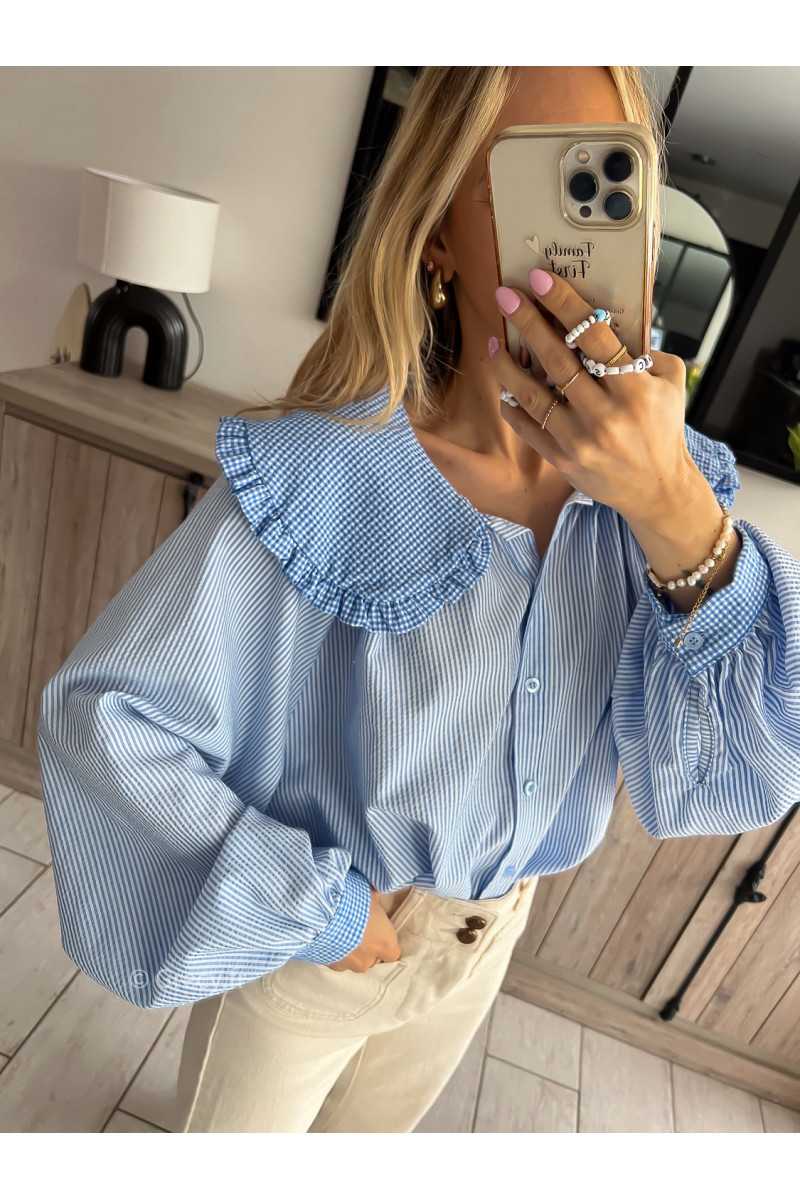 blouse bleu col Claudine vichy printemps été grecy mode outfit ootd look tendance oversize