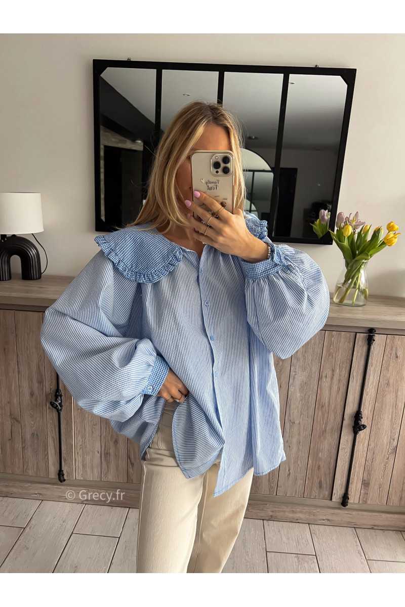 blouse bleu col Claudine vichy printemps été grecy mode outfit ootd look tendance oversize