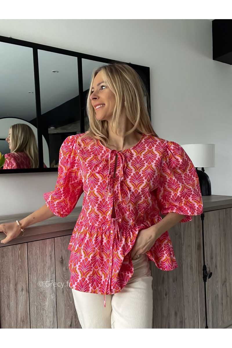 blouse noeuds nouée devant rose imprimé motifs printemps été grecy mode outfit ootd look tendance oversize