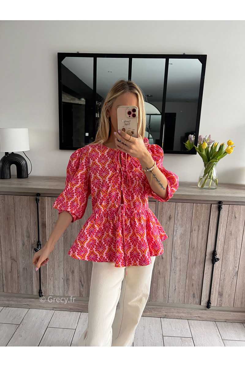 blouse noeuds nouée devant rose imprimé motifs printemps été grecy mode outfit ootd look tendance oversize