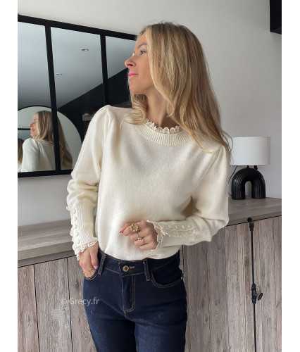 pull fin léger écru beige blanc col broderies sezane grecy mode outfit ootd look tendance oversize