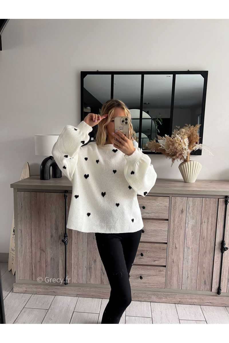 pull blanc coeurs noirs oversize printemps grecy mode ootd tenue look tendance