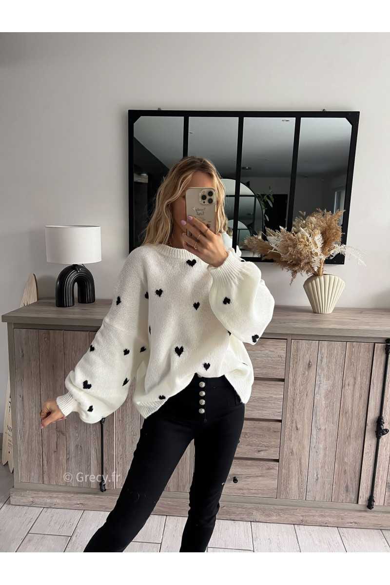 pull blanc coeurs noirs oversize printemps grecy mode ootd tenue look tendance