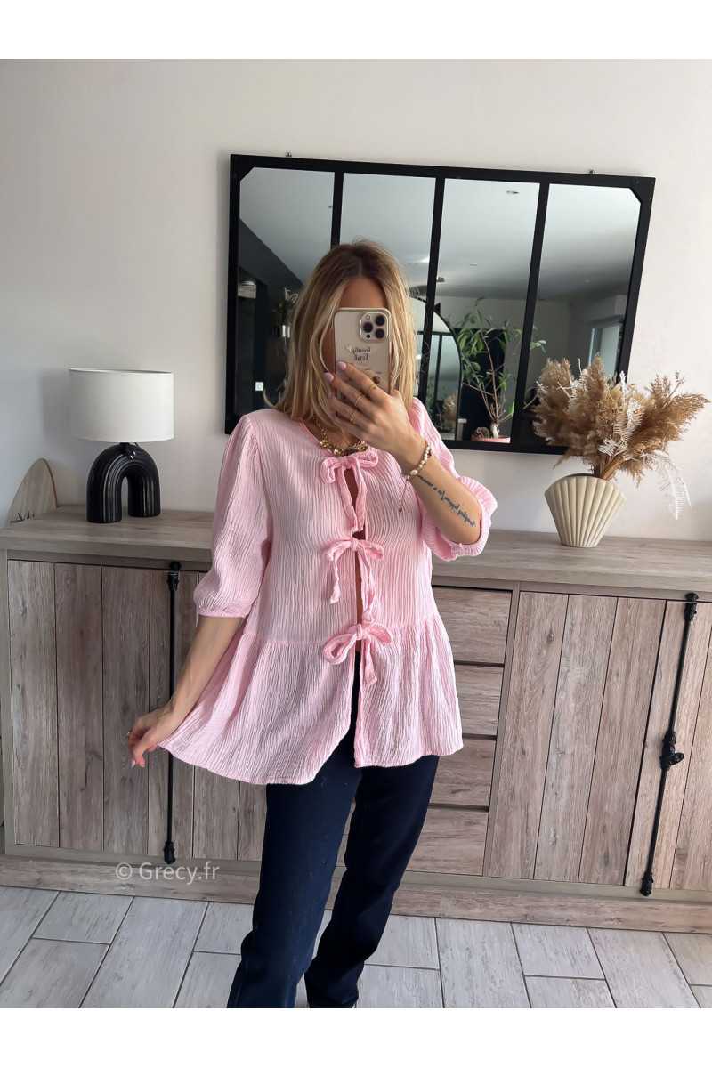 blouse noeuds devant gaze de coton rose babydoll printemps été grecy mode outfit ootd look tendance