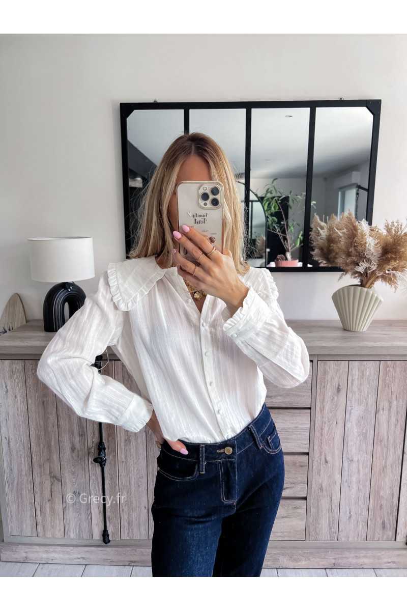 chemise blanche col Claudine dentelles chic grecy outfit look ootd mode tendance printemps 2024