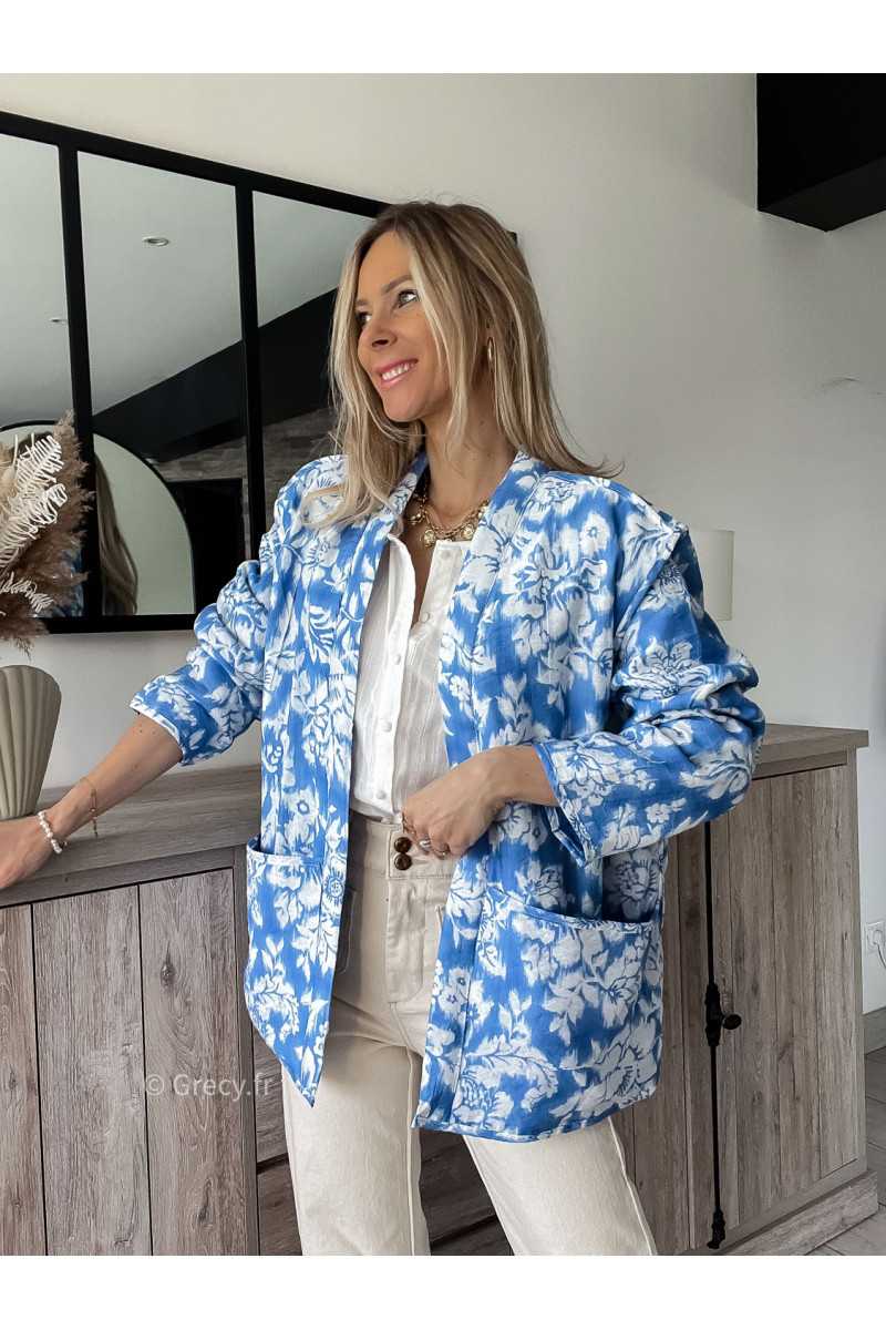 veste matelassée fleurie bleu poches oversize grecy outfit look ootd mode tendance printemps 2024