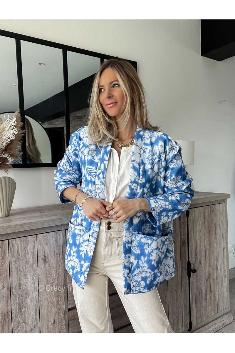 veste matelassée fleurie bleu poches oversize grecy outfit look ootd mode tendance printemps 2024