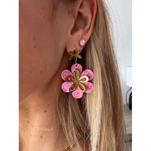 Boucles oreilles rose relief nacre légères acier inoxydable printemps été grecy bijoux