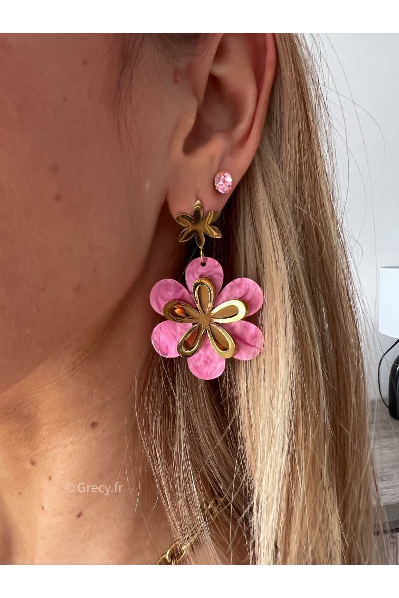 Boucles oreilles rose relief nacre légères acier inoxydable printemps été grecy bijoux