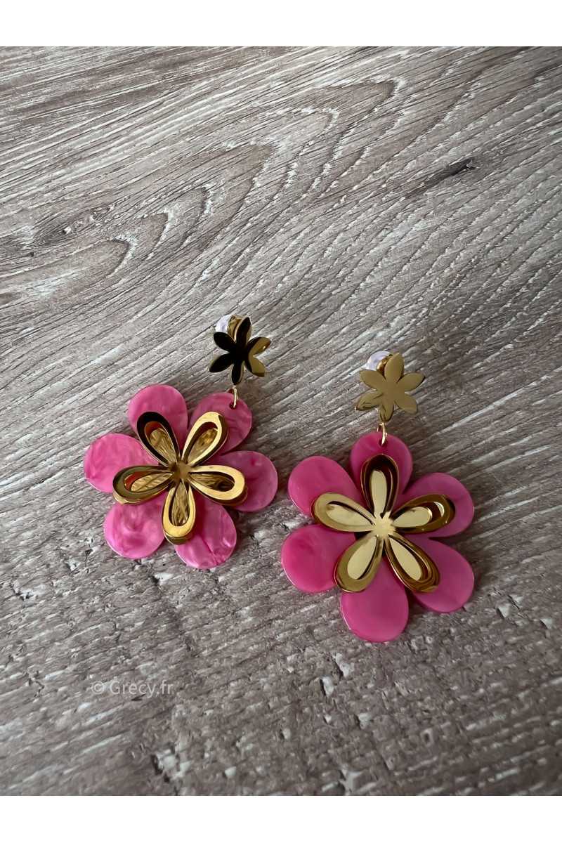 Boucles oreilles rose relief nacre légères acier inoxydable printemps été grecy bijoux