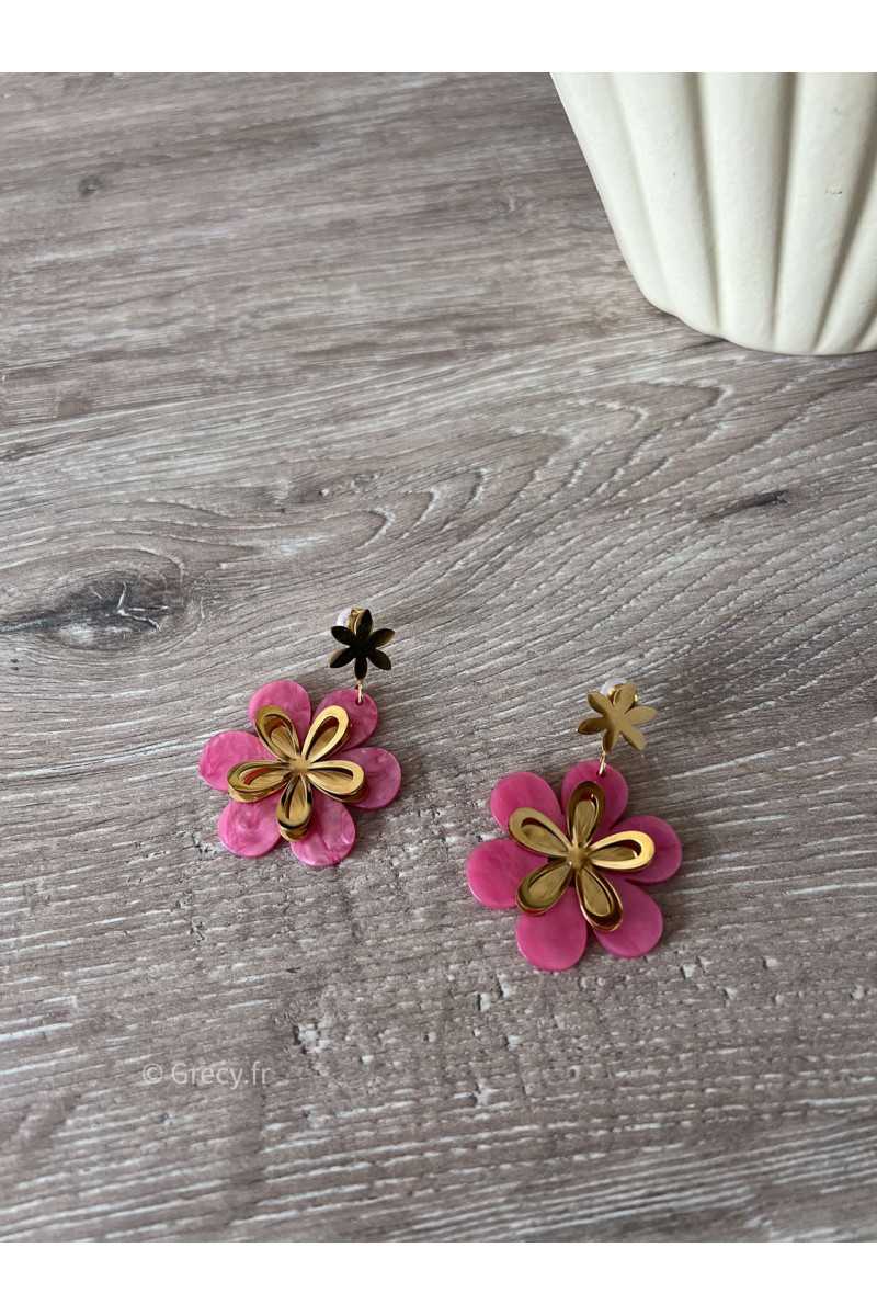 Boucles oreilles rose relief nacre légères acier inoxydable printemps été grecy bijoux