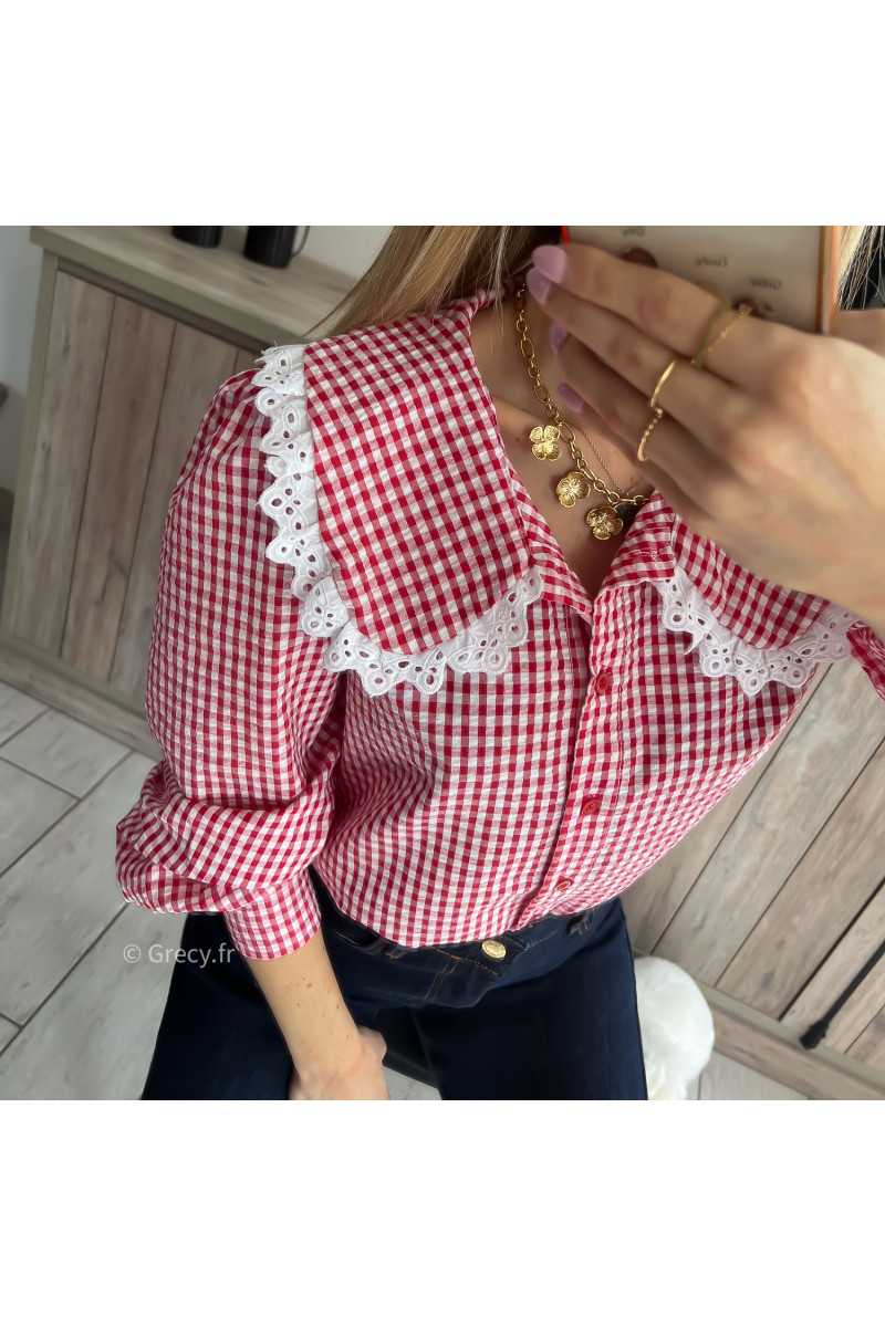 Blouse chemise vichy grand col Claudine rouge broderies mode tendance grecy printemps été 2024 outfit look ootd