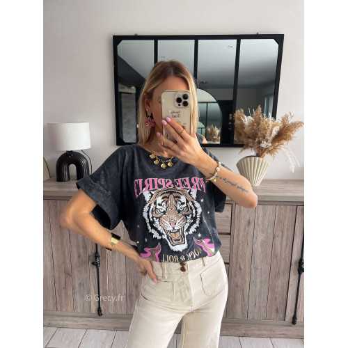 t-shirt tigre gris chiné rose or doré mode tendance grecy printemps été 2024 outfit look ootd