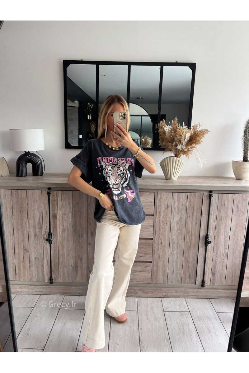 t-shirt tigre gris chiné rose or doré mode tendance grecy printemps été 2024 outfit look ootd