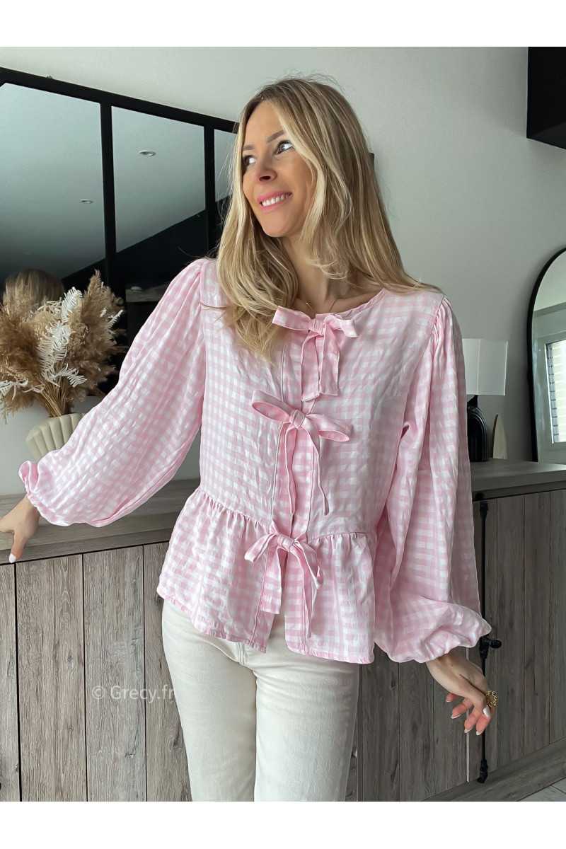 blouse noeuds rose vichy printemps été grecy mode outfit ootd look tendance