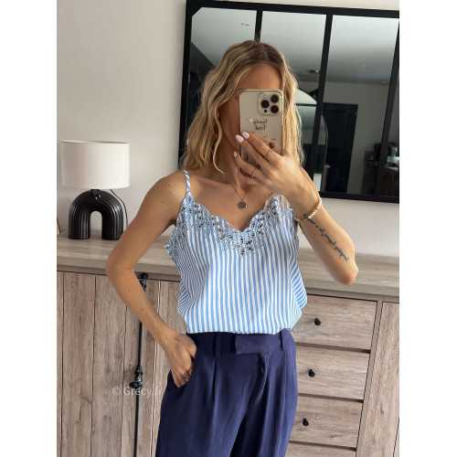 débardeur rayé bleu rayures broderies bretelles réglables été printemps 2024 mode grecy tenue ootd outfit look