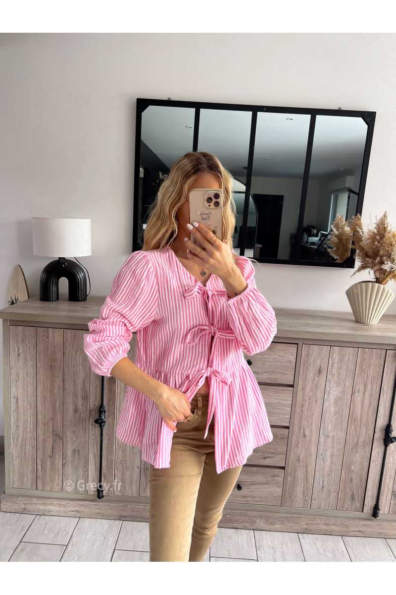 chemise blouse rayé rose rayures noeuds nouée devant été printemps 2024 mode grecy tenue ootd outfit look