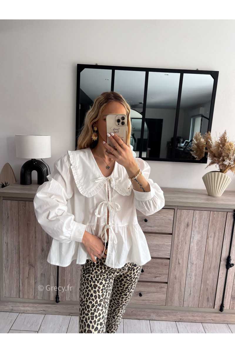 chemise blouse blanche grand col Claudine noeuds nouée devant été printemps 2024 mode grecy tenue ootd outfit look